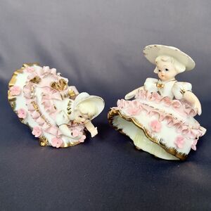 2 Vintage Lefton Bloomer Girls Porcelain Figurines KW1412 Geo Z 1950s Read